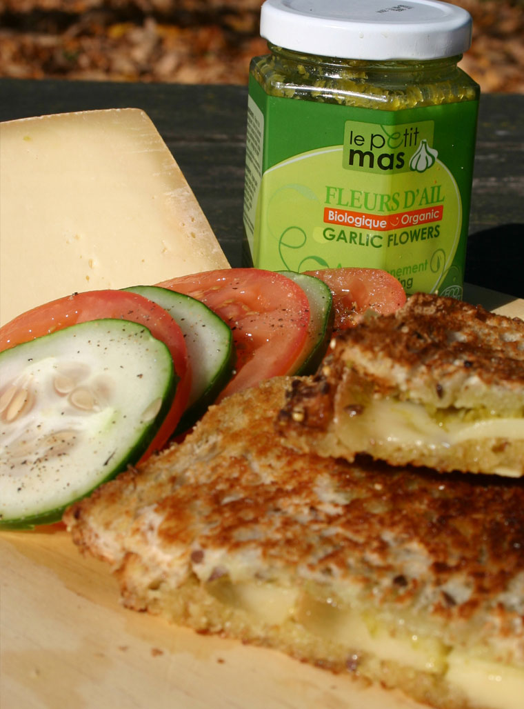 Recipes with fermented garlic scapes – Le Petit Mas organic garlic and garlic scape farm in Quebec (Canada) Alfred le fermier and garlic scape grilled cheese - Le Petit Mas